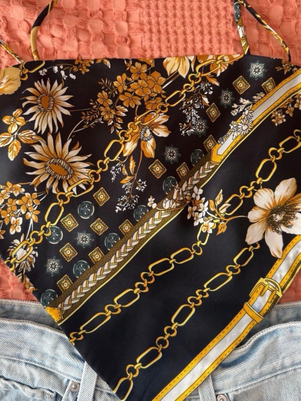 Princess Polly Black & Gold Floral Chain Print Scarf Top